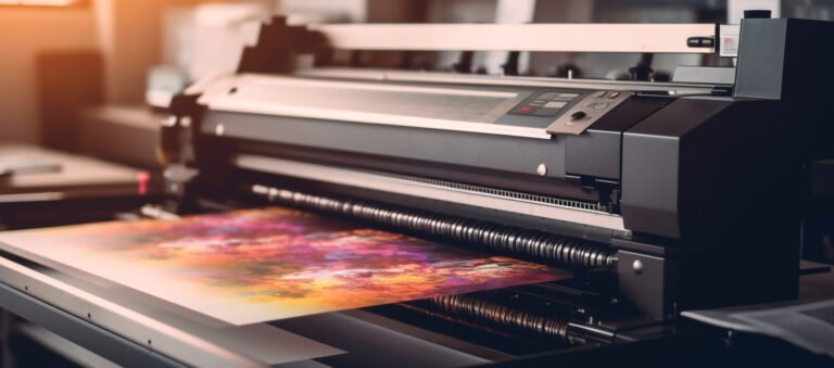 Modern printing press creates colorful documents indoors generated by AI